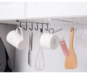 Under-cabinet kitchen rack with six hooks for organizing utensils and cups