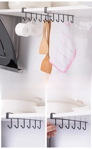 Detail of black metal cabinet hook rack for boards under 2.2cm, 6-hook storage solution