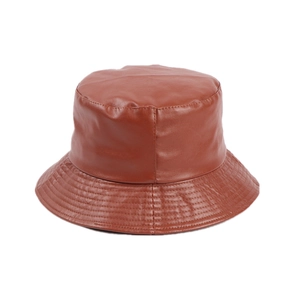Classic brown PU leather bucket hat with detailed stitching for autumn and winter fashion