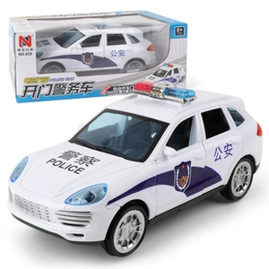 Detailed view of the police car toy retail box and electric SUV model for kids