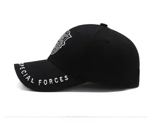 Side view of black military baseball cap featuring white Special Forces embroidery