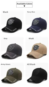 Detail showing the six color options of military-style baseball caps with embroidery