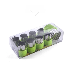 9-piece stainless steel vegetable cutter set in transparent plastic storage box packaging