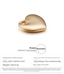 Detail showing high polished heart pendant in 18K gold plating on white background