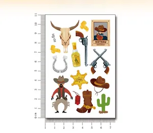 Detailed view of 7x11cm Cowboy tattoos showing cactus, sheriff badge, and skull patterns