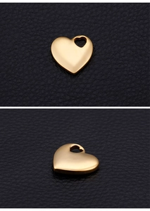 Macro views showing brushed gold heart pendant texture and side profile details