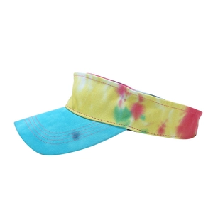 Colorful tie-dye open top sun hat for women featuring vibrant blue and yellow canvas