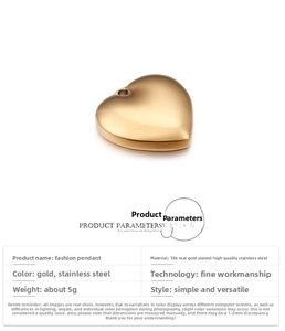 Polished heart-shaped 18K gold plated stainless steel pendant with detailed size specifications