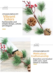 Close-up of artificial pine needles with red berries and pinecones for Christmas decor