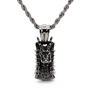 Retro stainless steel dragon pendant necklace with twisted rope chain on white background
