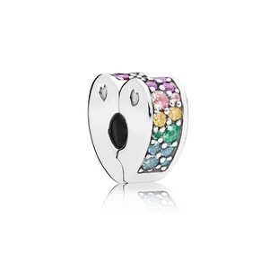 Rainbow crystal heart charm in silver metal with colorful pavé stones for bracelets