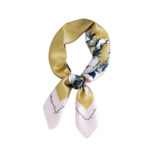 Elegant square silk scarf with vintage floral print in mustard yellow and soft pink