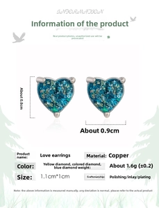 Detailed specifications of heart-shaped blue opal stud earrings in copper with dimensions