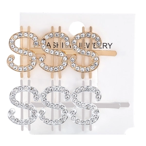 Detailed view of gold and silver dollar sign hair clips with sparkling rhinestones