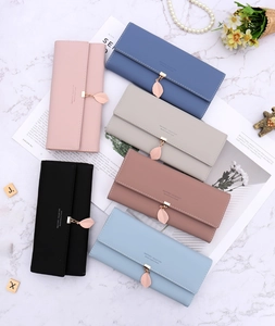 Detailed collection of long PU leather wallets in various colors with leaf metal pendants
