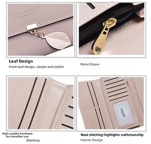 Detail view of pink long wallet showing leaf zipper pull and multi-card slot interior