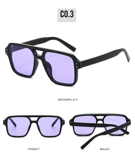 Multi-angle view of square sunglasses with double bridge and purple lenses detail