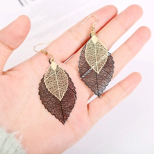 Exquisite double-layer hollow leaf drop earrings in gold and black metal finish