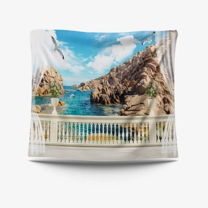 Detail of the high-quality fabric texture and seaside balcony print on the tapestry