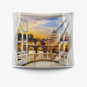 Detail view of sunset Roma landscape tapestry with faux window and white curtains