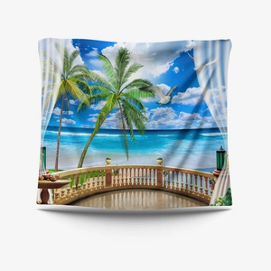 Detailed macro view of tropical coastal landscape print on bohemian wall tapestry