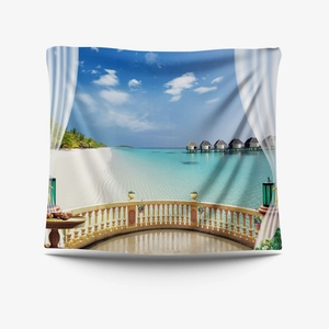 Detail of tropical ocean scenery tapestry with turquoise water and seaside resort view