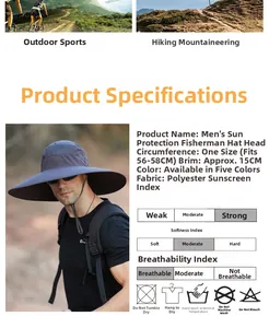 Detail view of wide-brim waterproof sun hat showing 15cm brim and 56-58cm size specifications