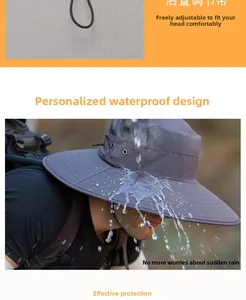 Detail of adjustable rear strap on waterproof wide brim outdoor sun hat for men