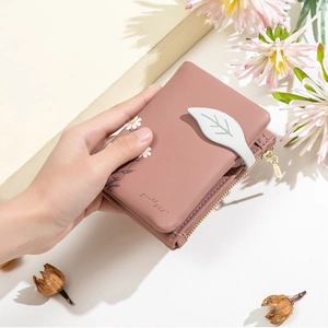 Women Short Wallet PU Leather Daisy Flower Print Leaf Zipper Bifold Purse Small Multi Card Slots Sweet Fresh Style