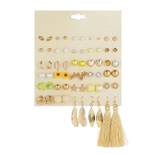 Detailed view of 30 pairs of gold-tone fashion earrings on a beige display card