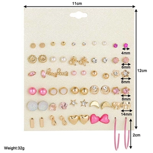 Detailed set of 30 pairs of gold-tone alloy earrings with pearls and crystals