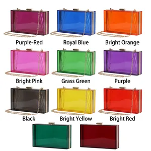 Modern transparent acrylic rectangular evening clutch bags with gold chain in four vibrant colors