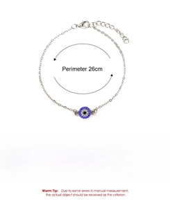 Detail showing 26cm perimeter and 2.8g weight of the evil eye alloy anklet
