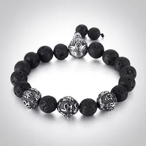 Men Vintage Beaded Bracelet Natural Tiger Eye Lava Rock Stainless Steel Mantra Charm Religious Ethnic Style Jewelry
