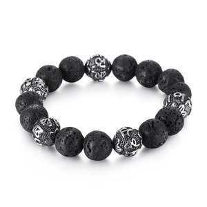Tiger eye and black volcanic stone beaded bracelet with silver Buddhist mantra charm