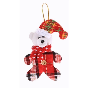 Christmas teddy bear ornament with red plaid outfit and gold string for tree decor