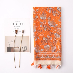 Vintage orange floral cotton linen scarf with tassels and retro flower print