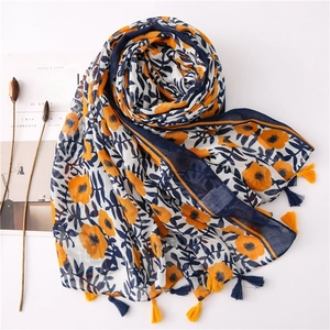 Linen cotton scarf with vintage leaf and sunflower prints and fringe tassels