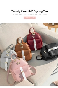 Detailed view of mini PU leather backpacks with bow ornaments in five stylish colors