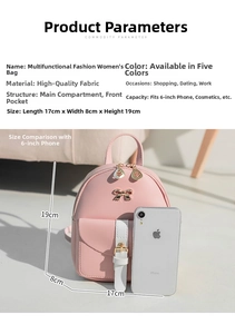 Pink faux leather multi-way handbag for women showing detailed 17x8x19cm dimensions