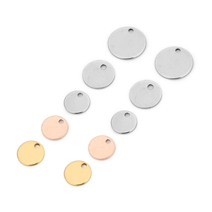 Polished stainless steel round pendant tags in gold, rose gold and silver finishes
