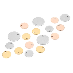 Polished stainless steel round tags in silver, gold, and rose gold with hanging holes