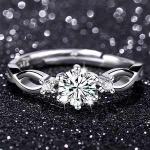Close-up of S925 silver ring with six-prong set zircon and twisted band detail