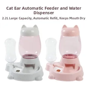 Dual 2.2L cat ear pet feeder and waterer set with automatic gravity refill design