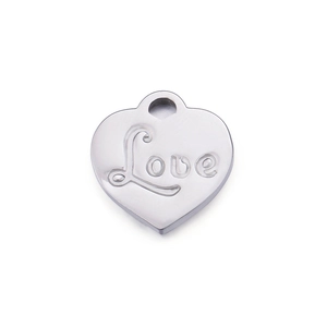 Polished silver heart pendant with handwritten Love engraving on a white background