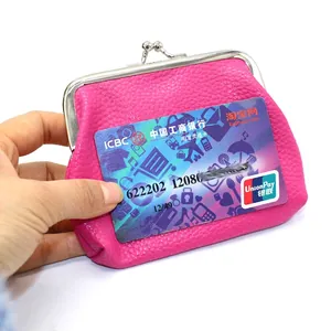 Rose red PU leather coin purse with kiss-lock and lychee pattern for daily use