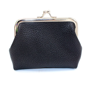 Detail of black pebbled PU leather coin purse with classic silver metal kiss-lock frame
