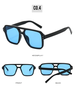 Multiple views showing the square black frame and blue lenses of these fashion sunglasses