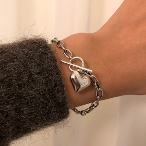 Chunky 925 silver heart charm bracelet for women with stylish OT toggle clasp