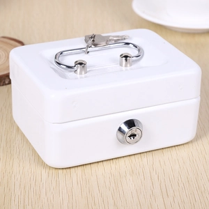 Close-up of white mini metal cash box with handle, key inserted, and 018 lock detail